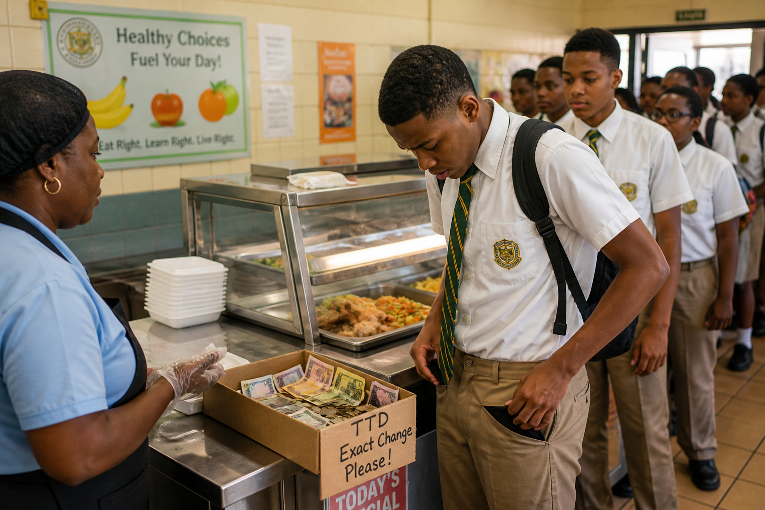 Caribbean school cafeteria student without cash at register looking down, cafeteria worker waiting, exact change box visible, long line of students behind.