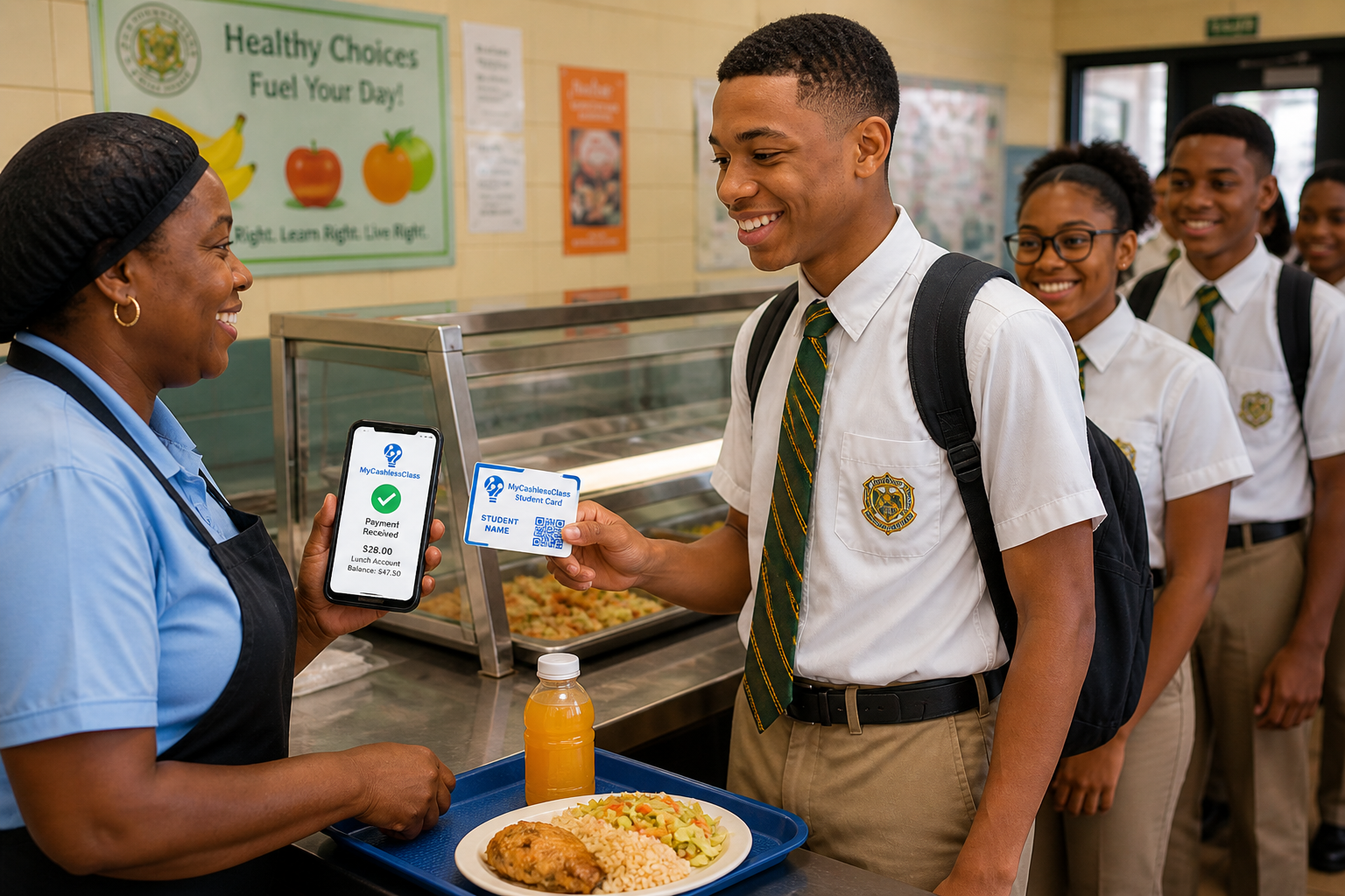 Caribbean school cafeteria fast moving lunch line, student and cafeteria operator smiling, student holding MyCashlessClass student card