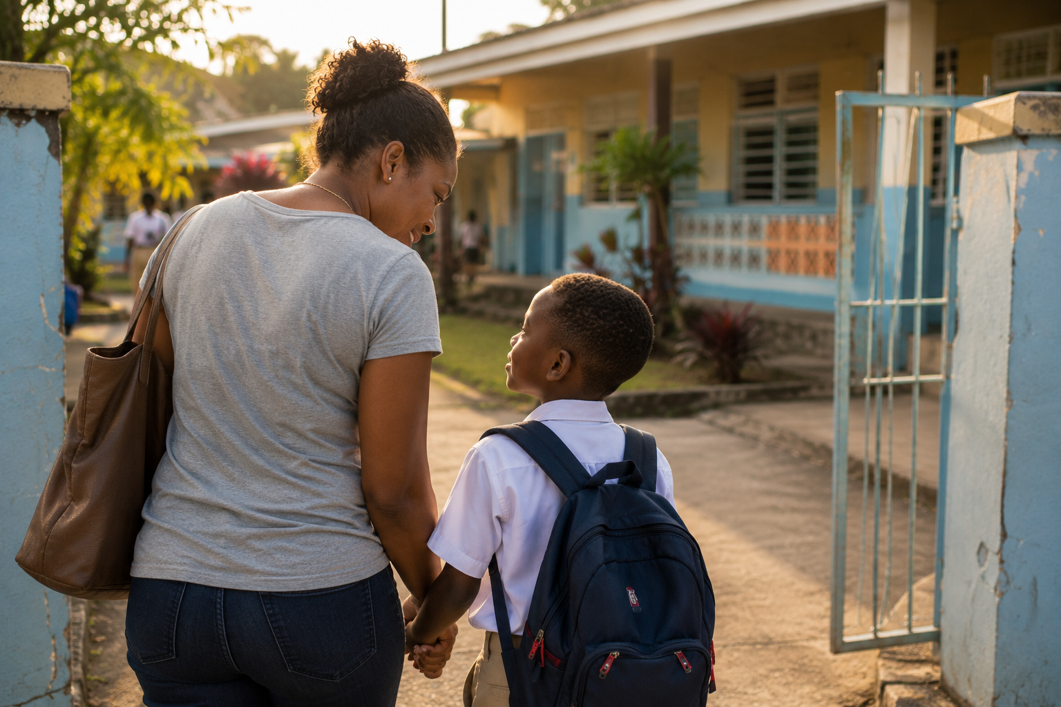 A Caribbean mother walking her son to school, illustrating the inclusion mission of MyCashlessClass — Caribbean's all-in-one school transaction management platform
