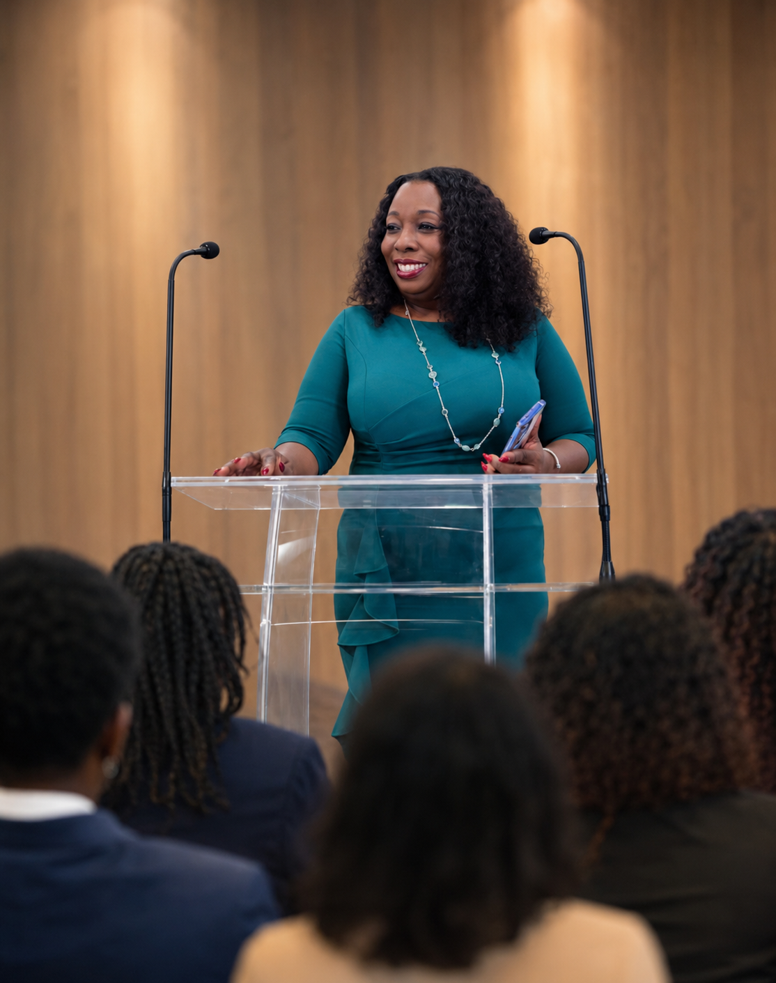 Dawn Nelson, founder of MyCashlessClass, speaking at a podium to an audience