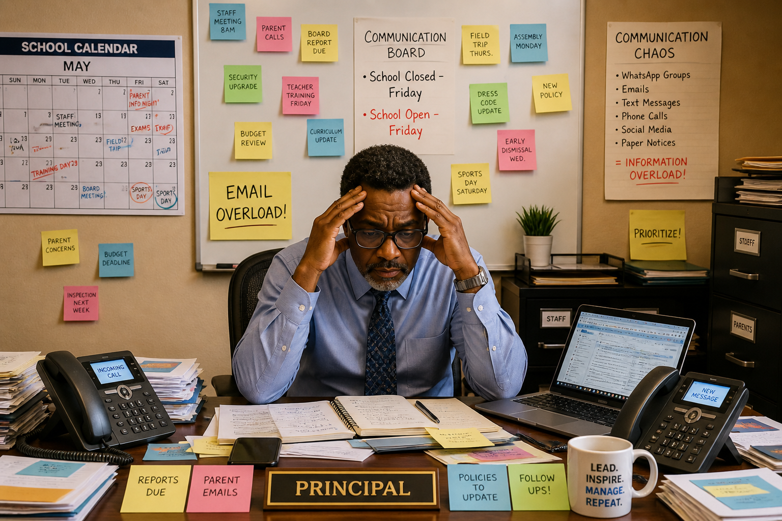 School Principal overwhelmed at desk surrounded by sticky notes, multiple phones and communication chaos